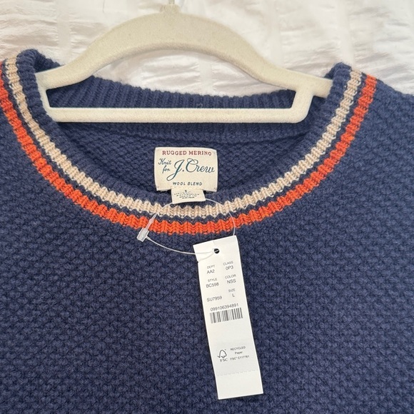 J.CREW NWT Navy Crewneck Sweater with Rust/Brown and Cream Trim Men’s Size L - Picture 3 of 8